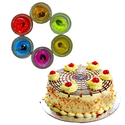 "Butterscotch cake - 1kg, Sparkle Gel Diya - 6 Pieces - Click here to View more details about this Product